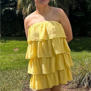 Fashion Nova Women's Mini Strapless Yellow Ruffled Tier Dress Size X-Large EUC